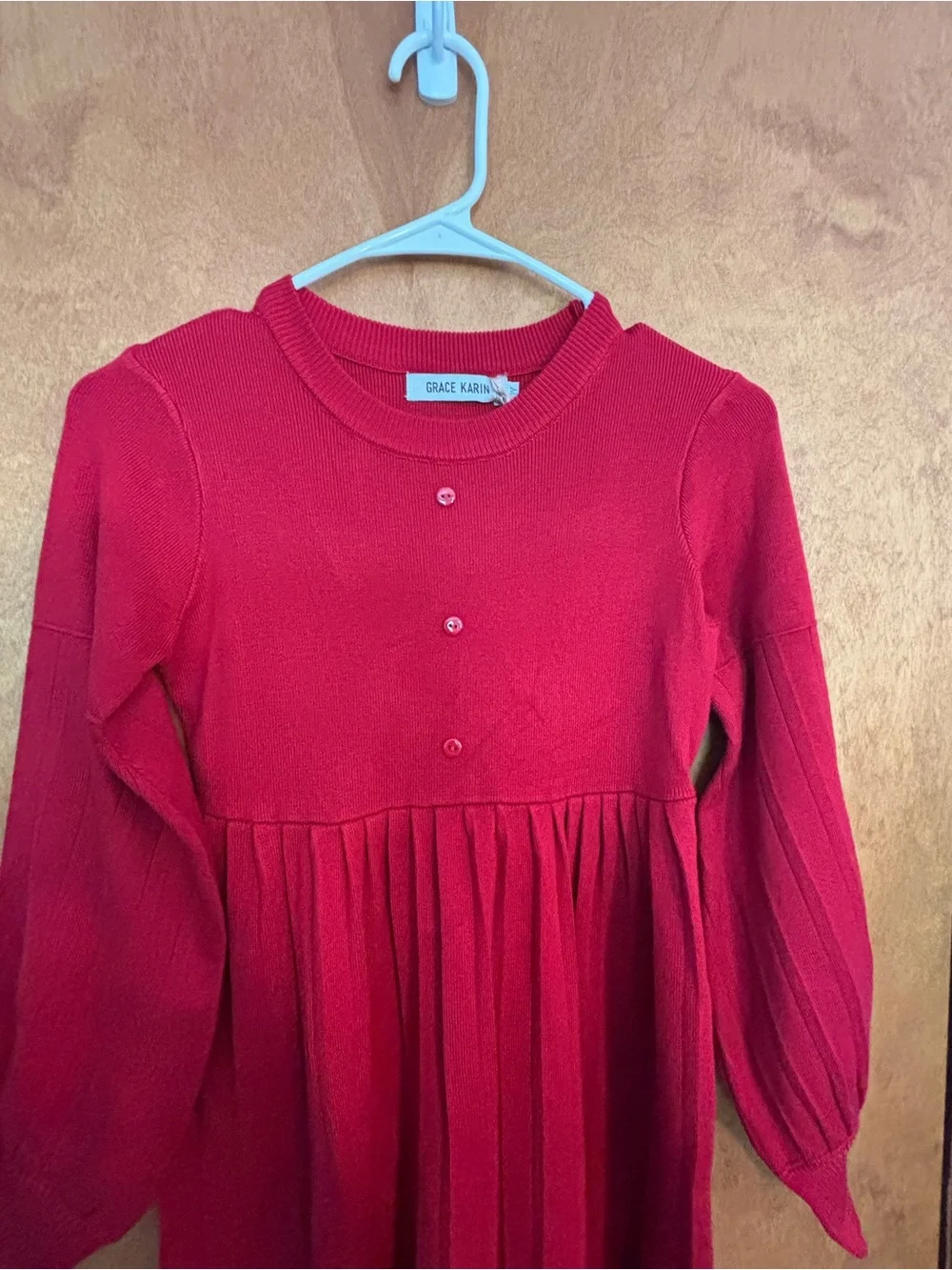 Grace Karin Red Long Sleeve Knit Girls Dress with Gathered Skirt